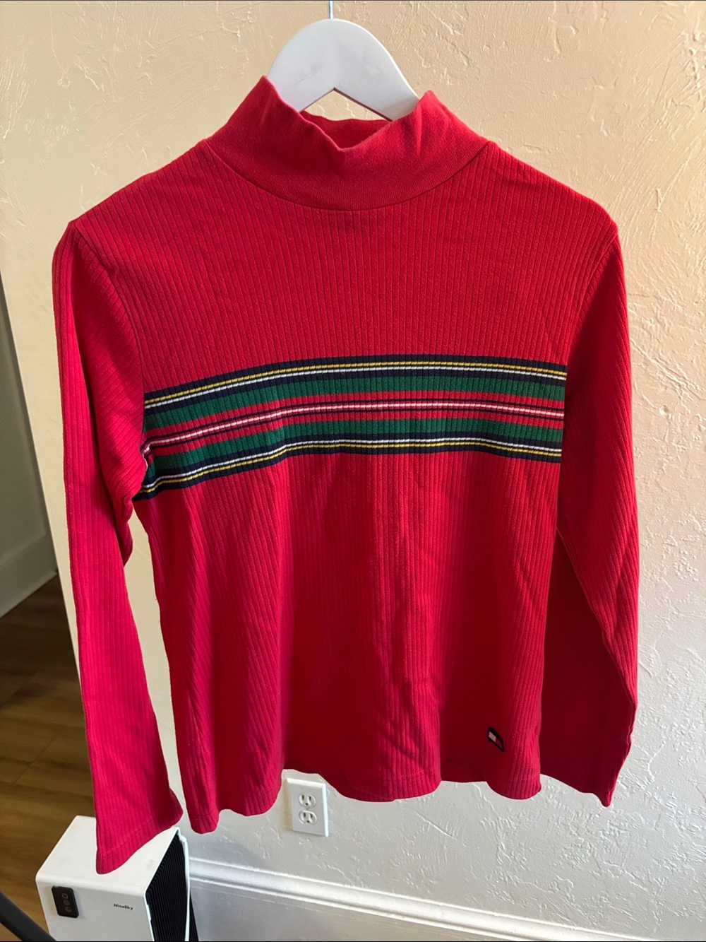 Tommy Hilfiger Vintage Red Turtleneck Sweater with Chest Stripes 100% cotton